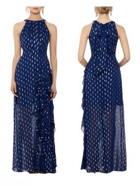Betsy & Adam Gold Metallic Clip Dot Blue Chiffon Ruffle Gown Maxi Dress 6